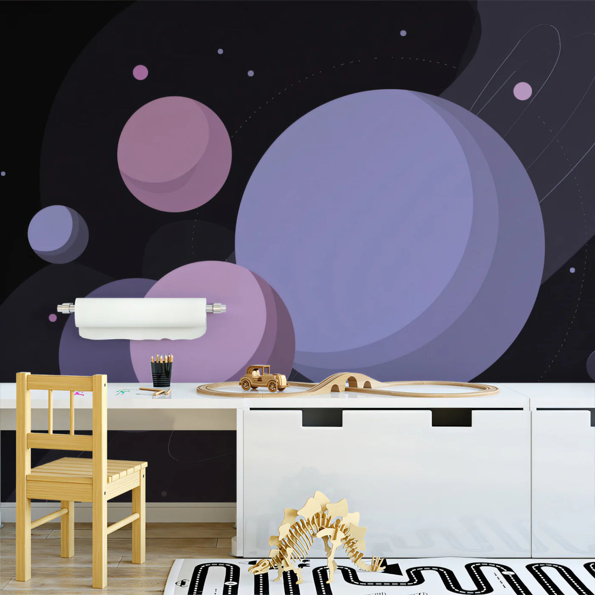 Cosmic Orbit Mural Wallpaper — Modern Lavender and Charcoal Space Mural Wallpaper - room preview 02