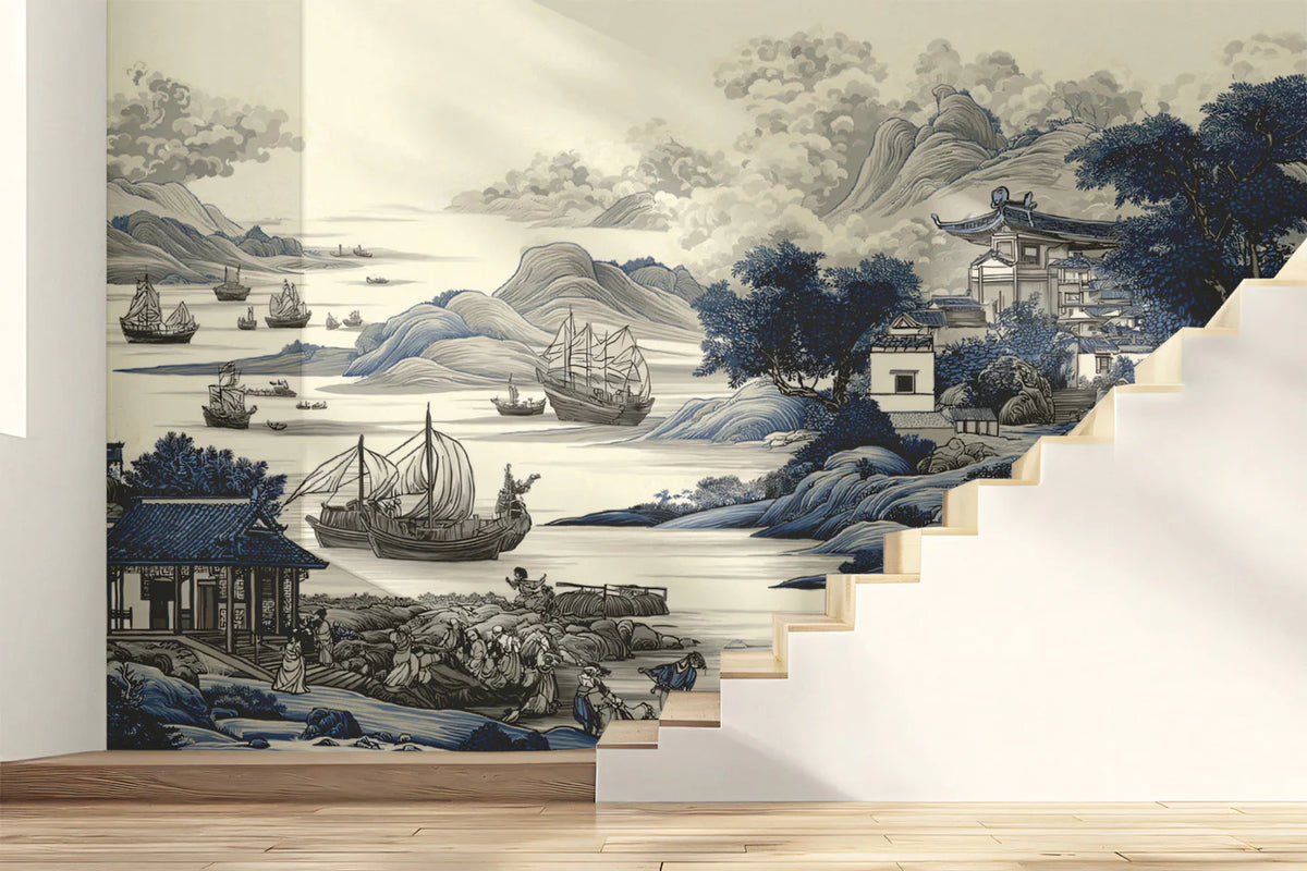 Chinoiserie Seascape Mural Wallpaper — Classic Blue and White Mural Wallpaper - room preview 02