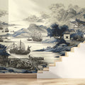 Chinoiserie Seascape Mural Wallpaper — Classic Blue and White Mural Wallpaper - room preview 02