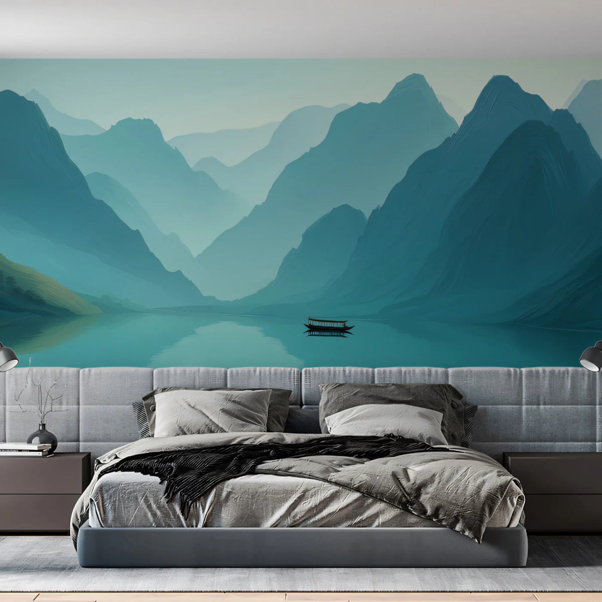 Misty Mountain Lake Mural Wallpaper — Teal Painterly Landscape Mural Wallpaper - room preview 02