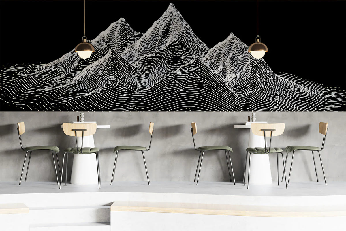 Topographic Mountain Line Art Mural Wallpaper — Monochrome Graphic Mural Wallpaper - room preview 02