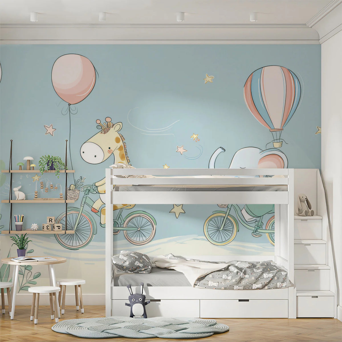 Cycling Safari Animal Mural Wallpaper — Whimsical Kids Decor Mural Wallpaper - room preview 02
