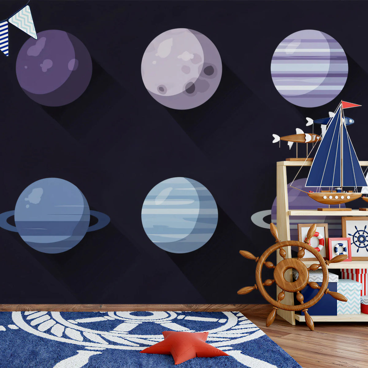 Solar System Planets Mural Wallpaper — Modern Vector Space Design Mural Wallpaper - room preview 02