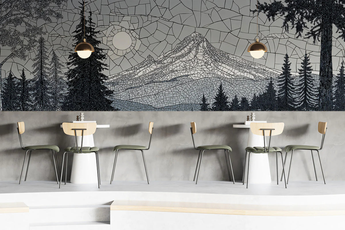 Monochrome Mountain Mosaic Mural Wallpaper — Alpine Landscape Art Mural Wallpaper - room preview 02