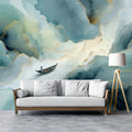 Abstract Teal Ink and Gold Boat Mural Wallpaper - room preview 02