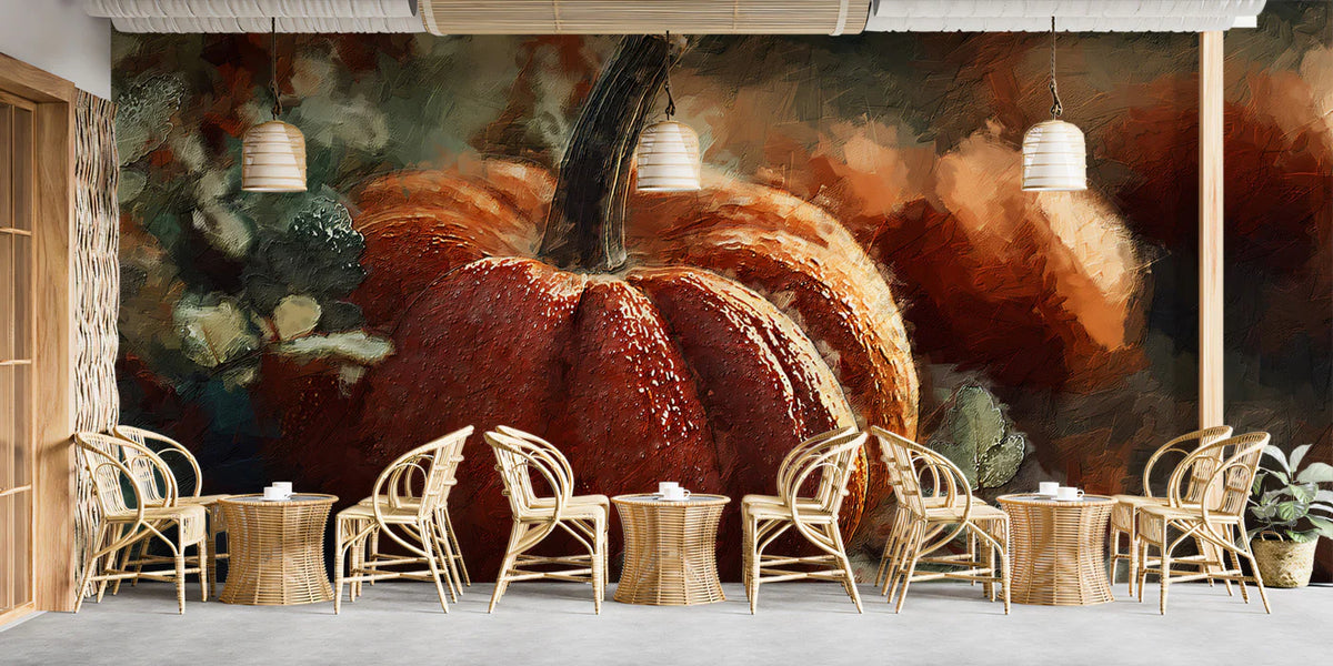 Rustic Autumn Pumpkin Mural Wallpaper —Impasto Oil Painting Art Mural Wallpaper - room preview 02
