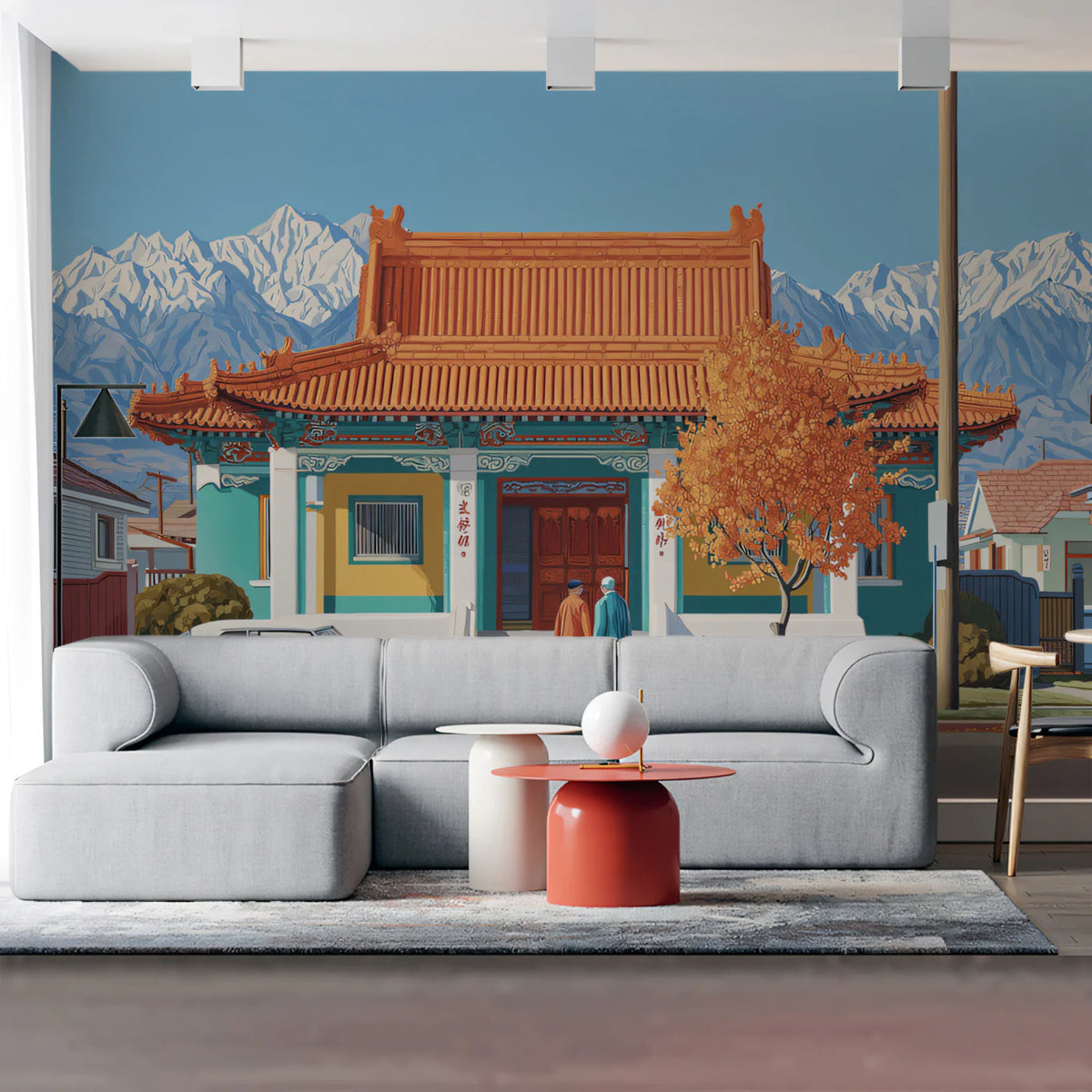 Asian Pavilion and Snowy Peak Mural Wallpaper — Cinematic Scene Mural Wallpaper - room preview 02