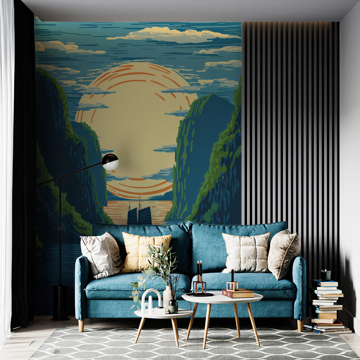 Sunrise Over Karst Mountains Mural Wallpaper Traditional Art Style Mural Wallpaper - room preview 02