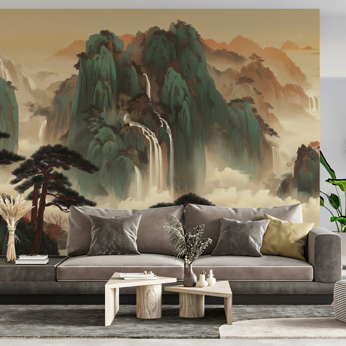 Emerald Peaks Shanshui Landscape Mural Wallpaper - room preview 02