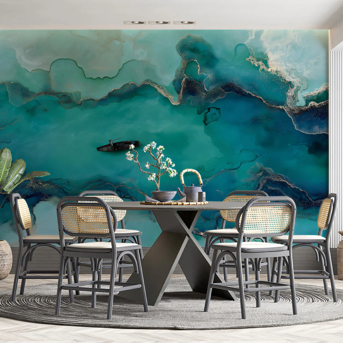 Teal Fluid Ink and Gold Vein Mural Wallpaper — Modern Coastal Art Mural Wallpaper - room preview 02