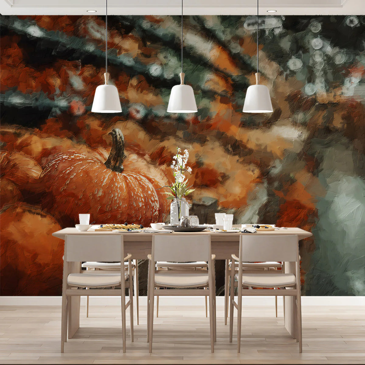 Impressionist Harvest Pumpkin Mural Wallpaper — Warm Autumnal Art Mural Wallpaper - room preview 02
