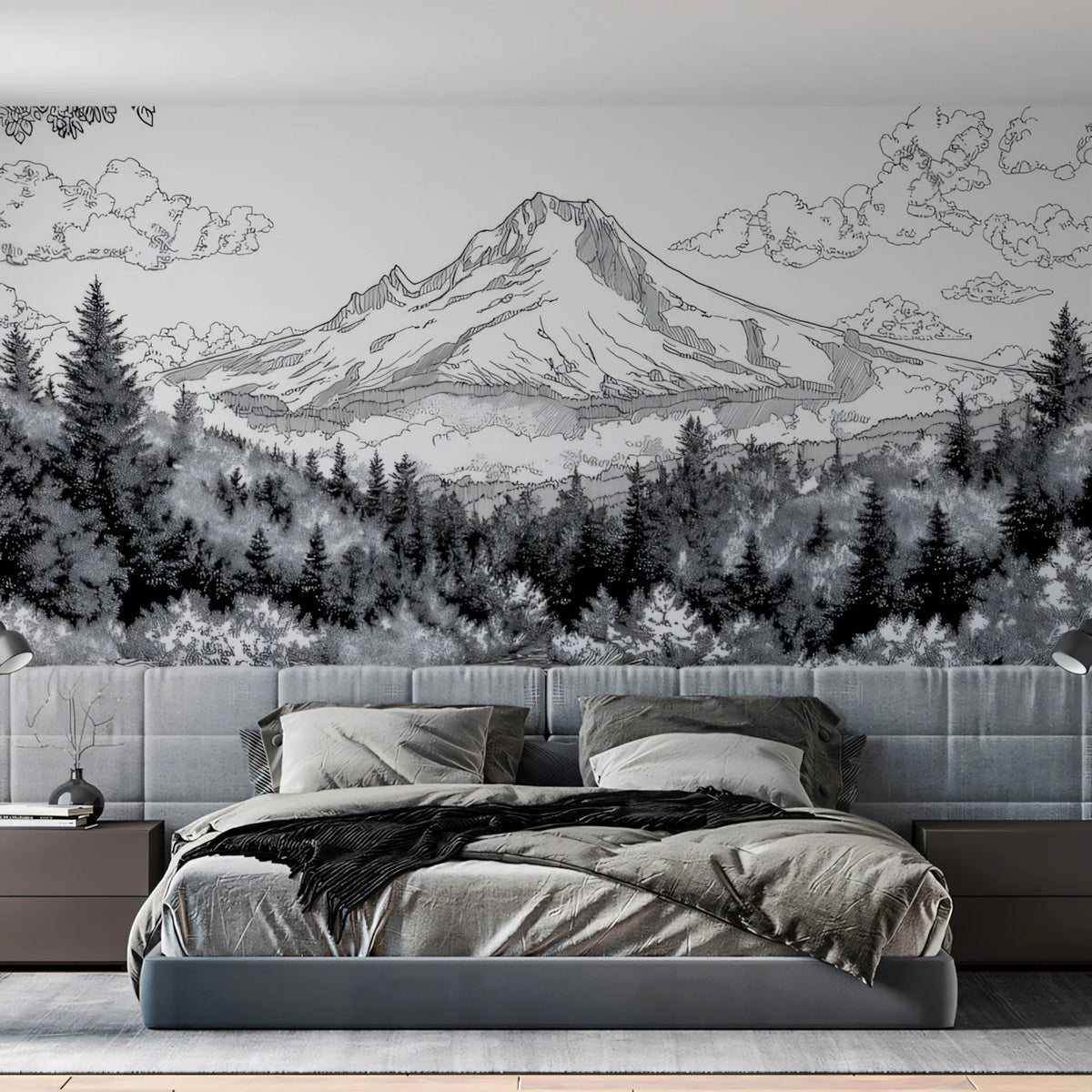 Mountain Peak Landscape Mural Wallpaper — Detailed Sketch Design Mural Wallpaper - room preview 02