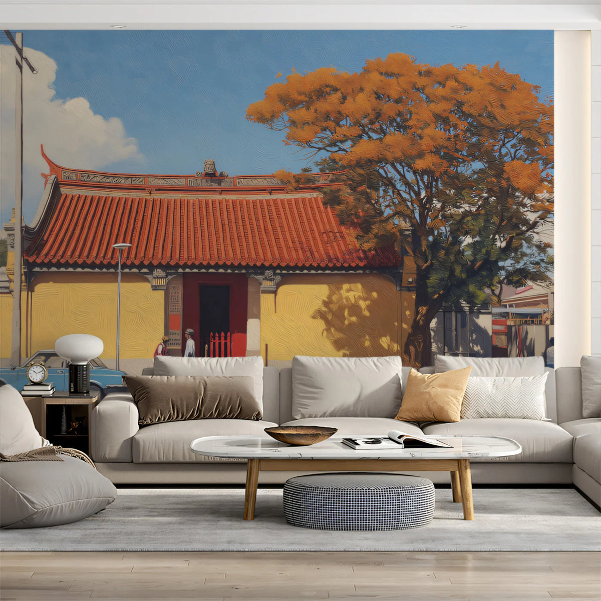 Chinese Street Scene Mural Wallpaper — Oil Painting Art Style Mural Wallpaper - room preview 02