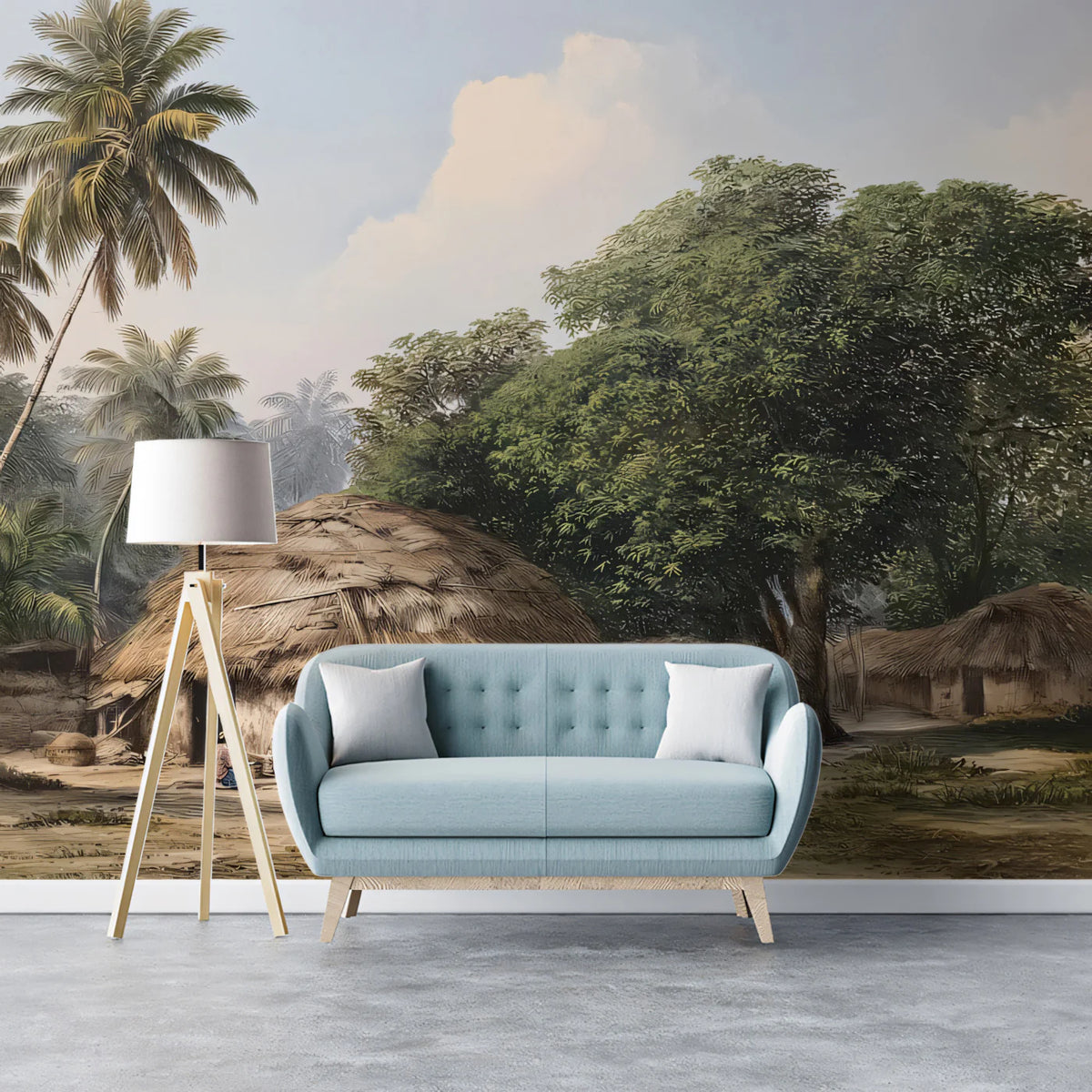 Vintage Tropical Village Mural Wallpaper — Colonial Landscape Art Mural Wallpaper - room preview 02