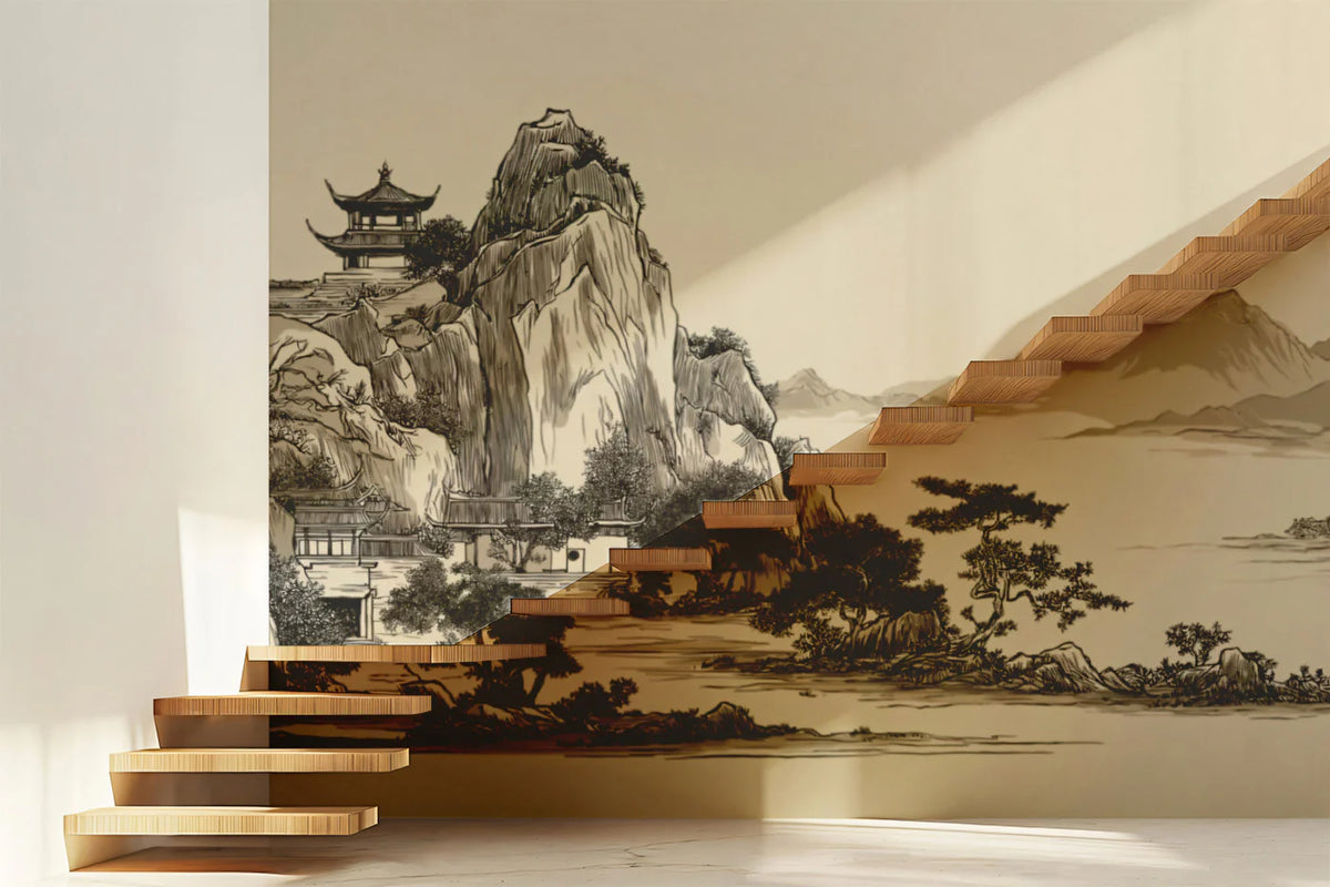 Zen Mountain Pavilion Mural Wallpaper — Traditional Ink Wash Style Mural Wallpaper - room preview 02