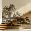 Zen Mountain Pavilion Mural Wallpaper — Traditional Ink Wash Style Mural Wallpaper - room preview 02