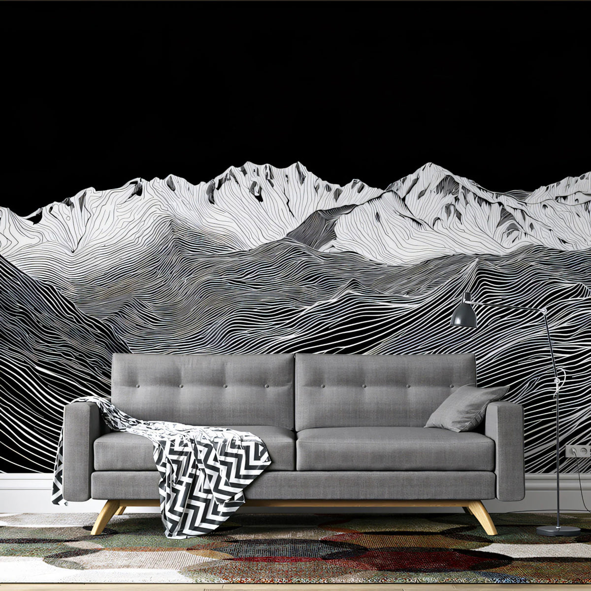 Topographic Mountain Line Art Mural Wallpaper — Monochrome Horizon Mural Wallpaper - room preview 02