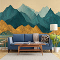 Teal and Ochre Mountain Lake Mural Wallpaper — Stylized Landscape Mural Wallpaper - room preview 02