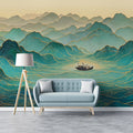 Floating Mountain Peak Mural Wallpaper — Zen Teal and Gold Landscape Mural Wallpaper - room preview 02