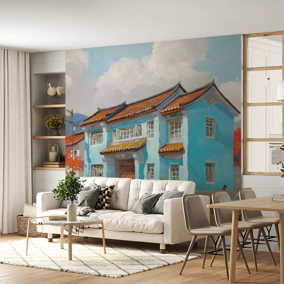 Heritage Village Street Mural Wallpaper — Nostalgic Oil Painting Mural Wallpaper - room preview 02