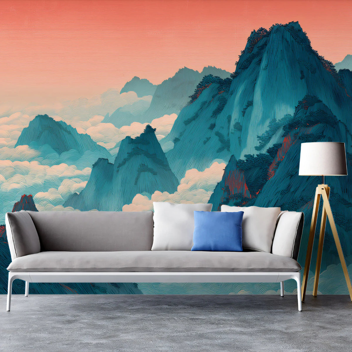 Teal Mountain Peaks Mural Wallpaper — Ethereal Sunset Landscape Mural Wallpaper - room preview 02