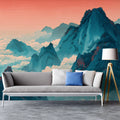 Teal Mountain Peaks Mural Wallpaper — Ethereal Sunset Landscape Mural Wallpaper - room preview 02