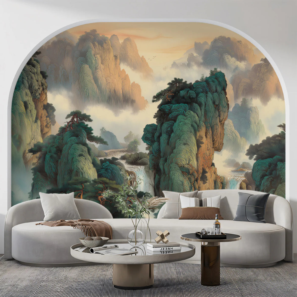 Emerald Mountain Peaks Mural Wallpaper — Traditional Ink Art Style Mural Wallpaper - room preview 02