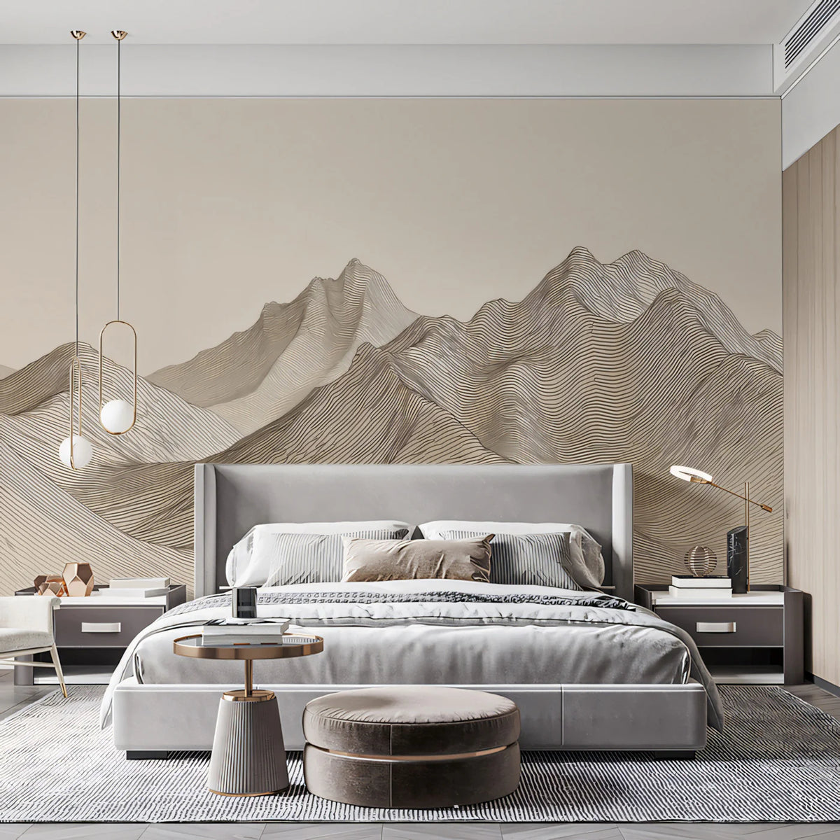 Topographical Mountain Line Art Mural — Neutral Minimalist Design Mural Wallpaper - room preview 02