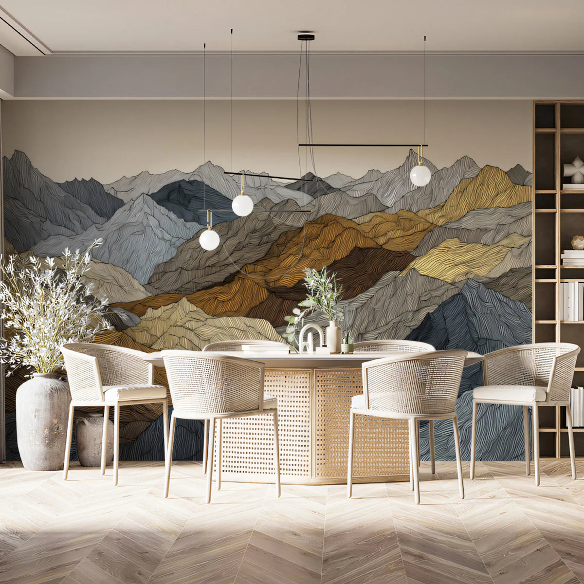 Topographic Mountain Line Mural Wallpaper — Earth Tone Modern Art Mural Wallpaper - room preview 02