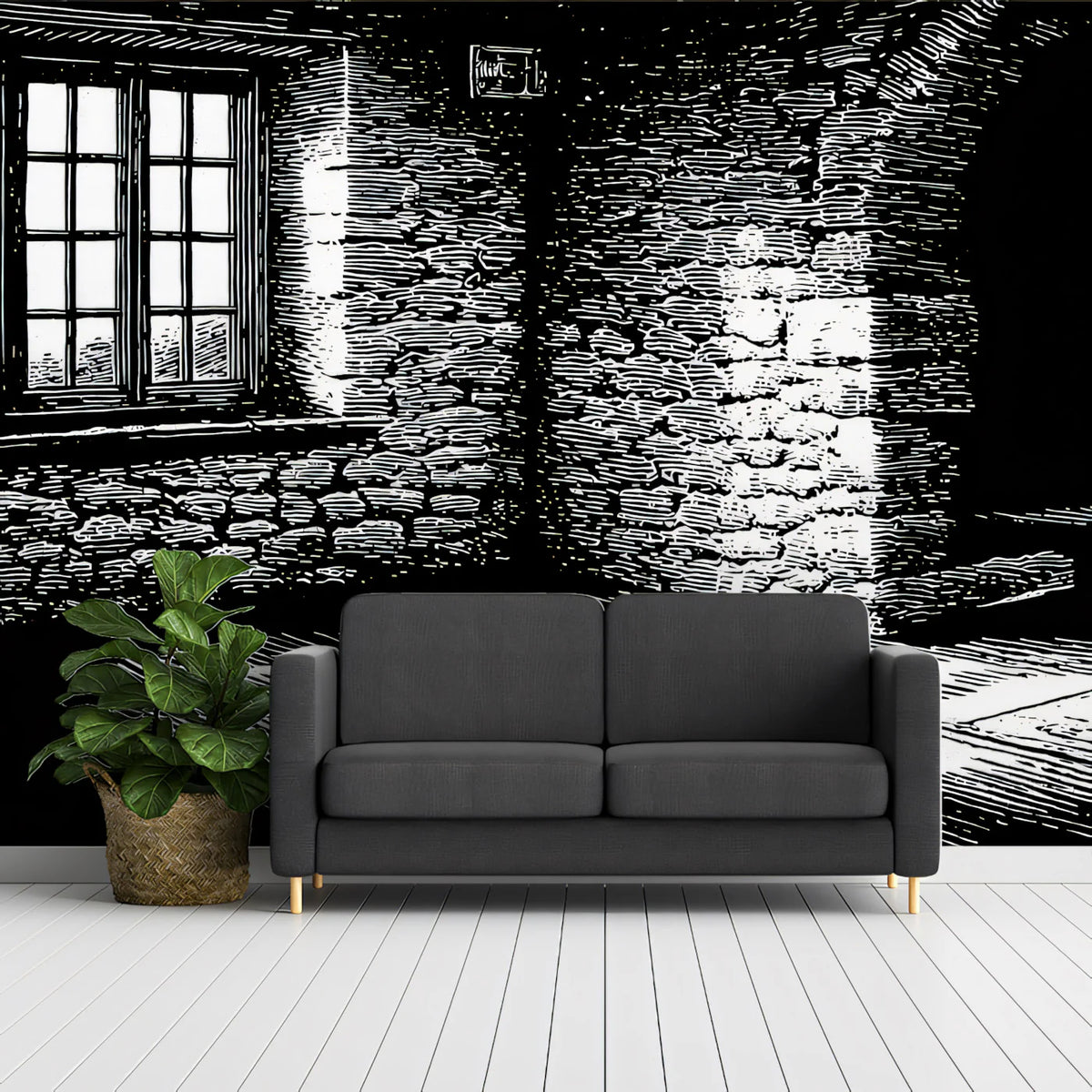 Rustic Stone Sketch Mural Wallpaper — Monochrome Shadow Art Mural Wallpaper - room preview 02
