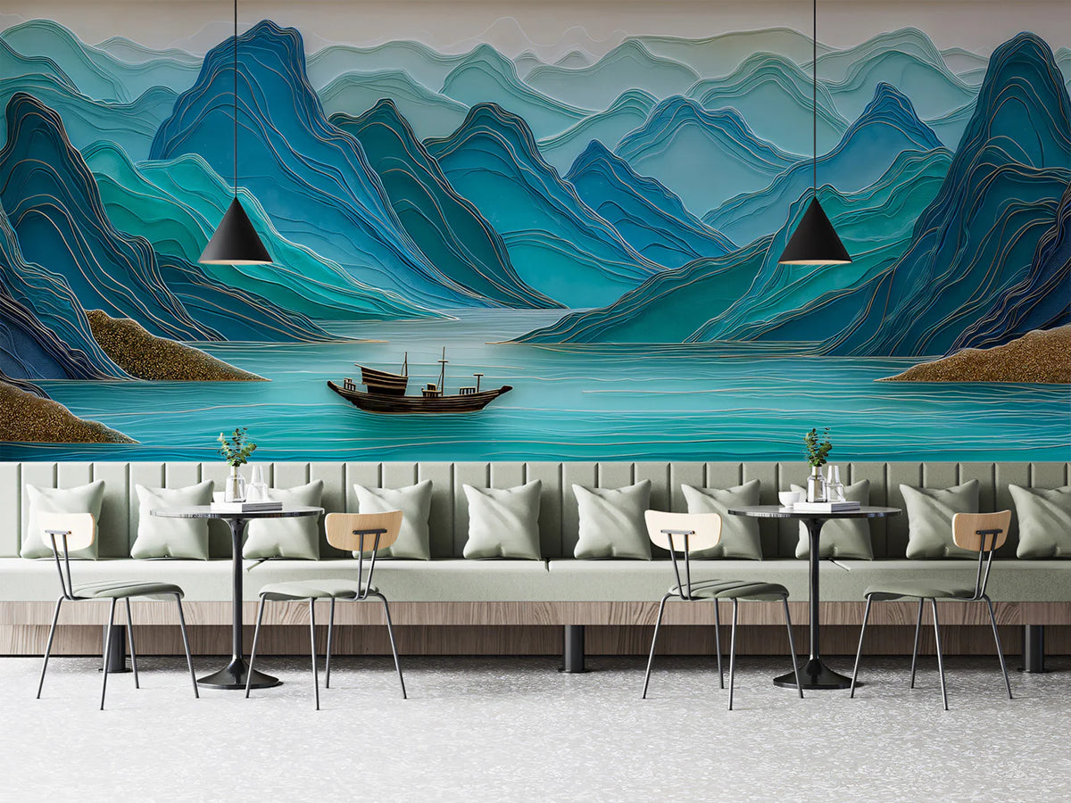 Layered Blue Mountainscape Mural Wallpaper — Modern Relief Art Mural Wallpaper - room preview 02