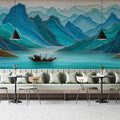 Layered Blue Mountainscape Mural Wallpaper — Modern Relief Art Mural Wallpaper - room preview 02