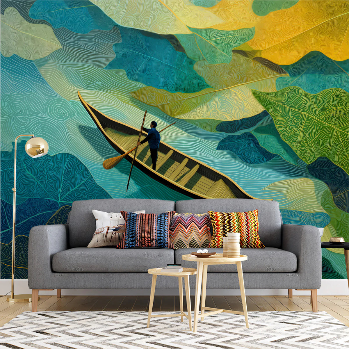 Surreal Botanical River Mural Wallpaper — Vivid Leaf Art Mural Wallpaper - room preview 02