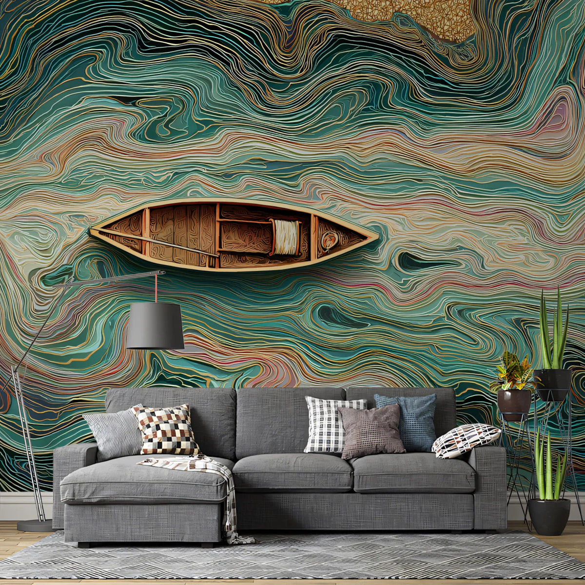 Floating River Abstract Mural Wallpaper — Teal and Gold Swirls Mural Wallpaper - room preview 02