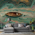 Floating River Abstract Mural Wallpaper — Teal and Gold Swirls Mural Wallpaper - room preview 02