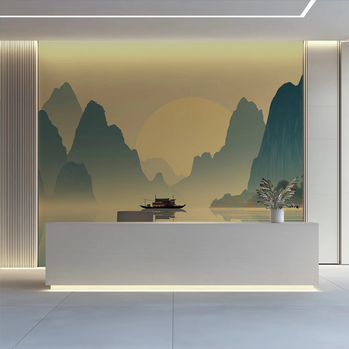 Zen Mountain Lake Mural Wallpaper — Calm Landscape Scene Mural Wallpaper - room preview 02