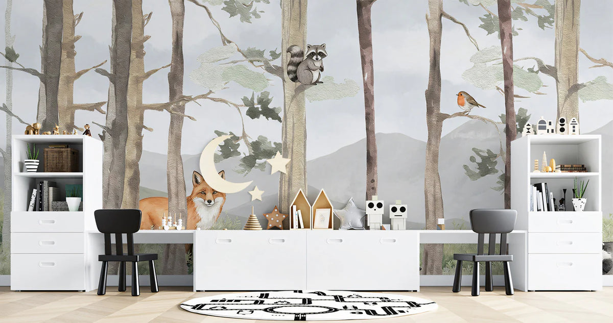 Watercolor Forest Friends Mural Wallpaper — Soft Woodland Scene Mural Wallpaper - room preview 02