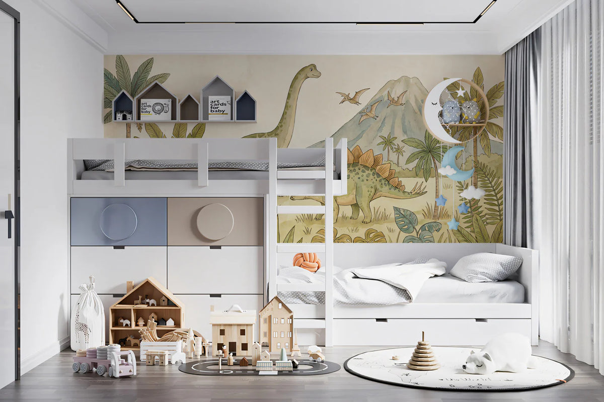 Watercolor Prehistoric Dinosaur Mural — Earthy Nursery Wallpaper Mural Wallpaper - room preview 02