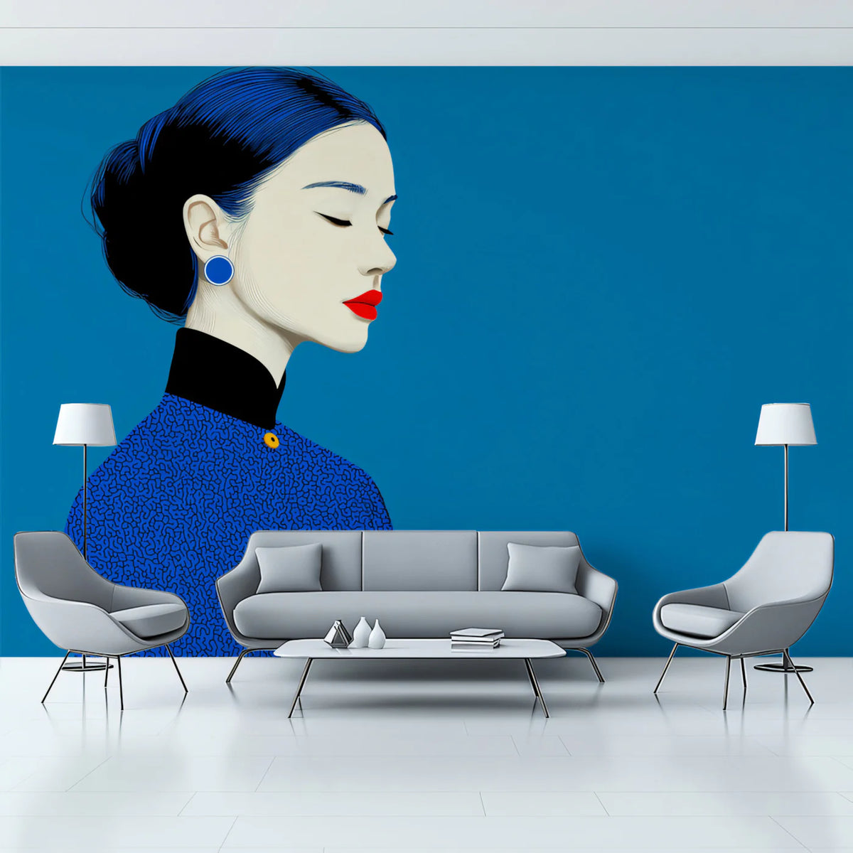 Minimalist Cheongsam Portrait Mural — Modern Blue Art Wallpaper Mural Wallpaper - room preview 02