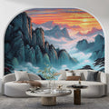 Misty Sunset Mountain Peaks Mural Wallpaper — Painterly Nature Scene Mural Wallpaper - room preview 02