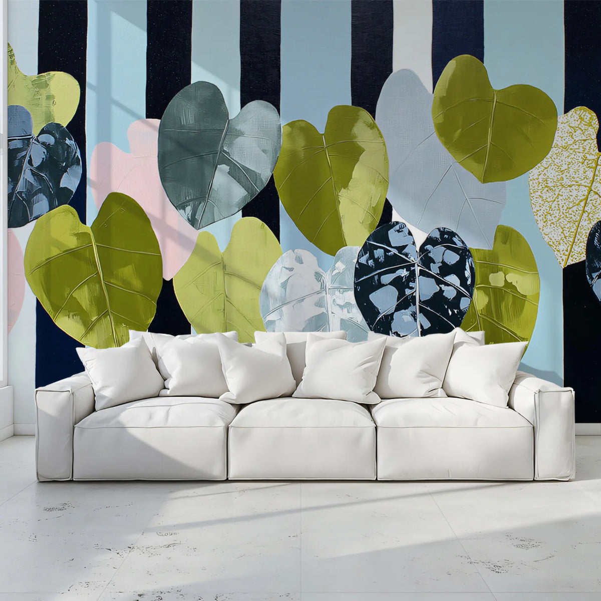 Heart Leaf Botanical Mural Wallpaper — Modern Navy Stripe Pattern Mural Wallpaper - room preview 02