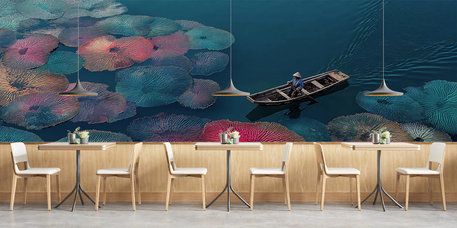 Nautical Wallpaper Mural – Maritime Wall Mural – Floating Lily Pad and Boat — Impressionist Garden