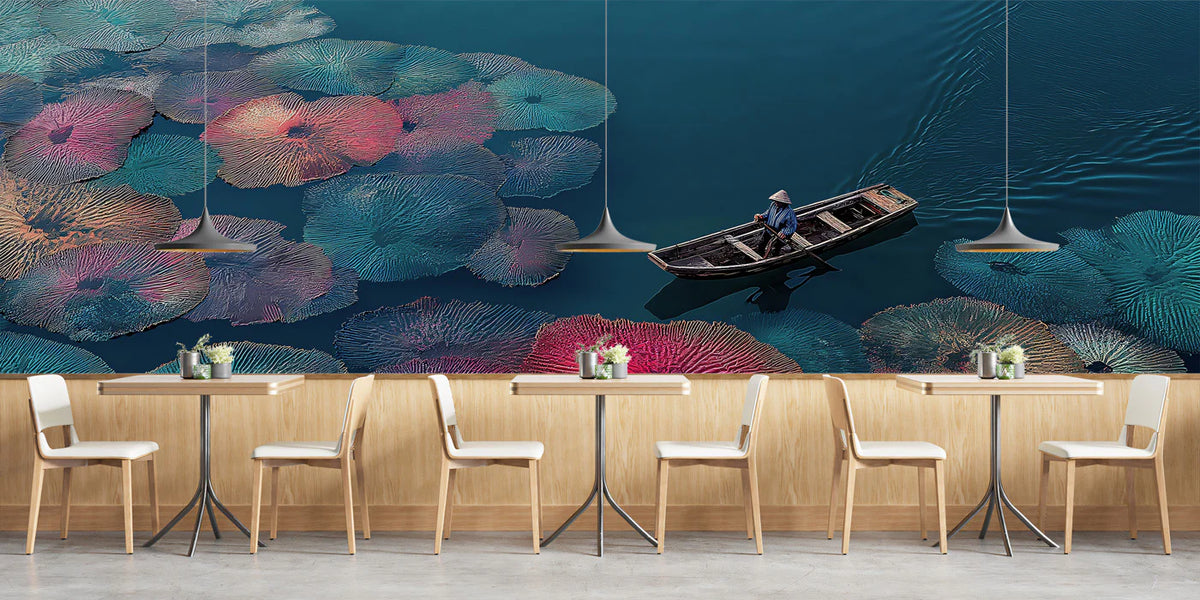 Floating Lily Pad and Boat Mural Wallpaper — Impressionist Garden Mural Wallpaper - room preview 02