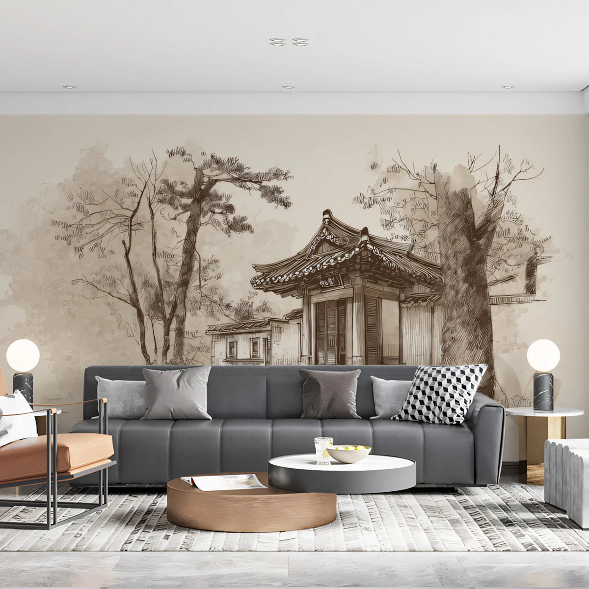 Asian Temple Sketch Mural Wallpaper — Vintage Sepia Architectural Art Mural Wallpaper - room preview 02