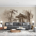Asian Temple Sketch Mural Wallpaper — Vintage Sepia Architectural Art Mural Wallpaper - room preview 02