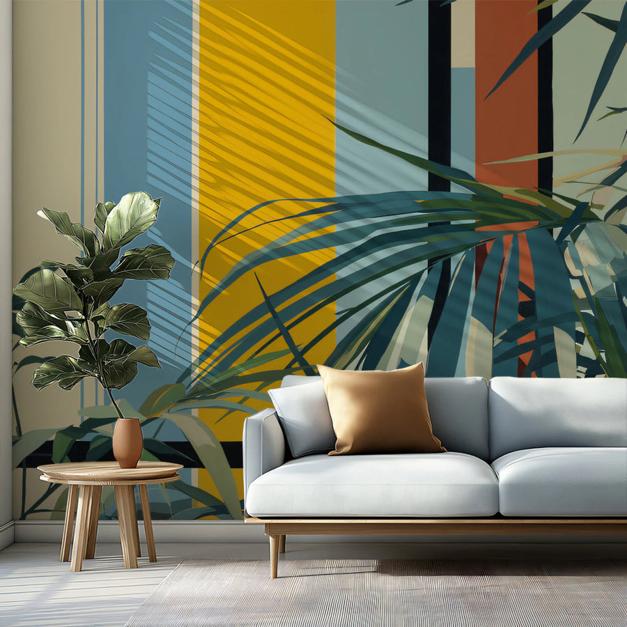 Palm Leaf Wallpaper Mural – Tropical Wall Mural – Modern Palm Geometric — Mid-Century Botanical Art