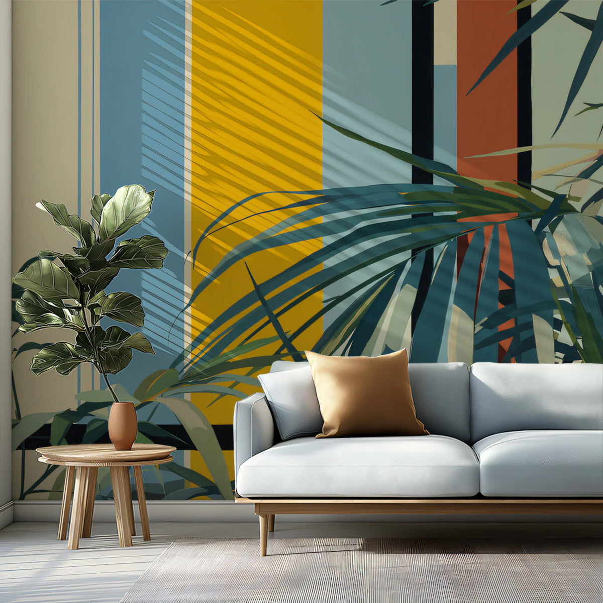 Modern Palm Geometric Mural Wallpaper — Mid-Century Botanical Art Mural Wallpaper - room preview 02