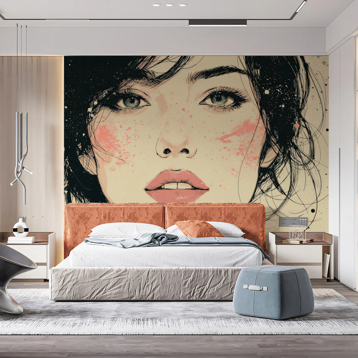 Expressive Portrait Sketch Mural Wallpaper — Artistic Ink Splatter Mural Wallpaper - room preview 02