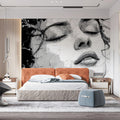Abstract Ink Sketch Portrait Mural Wallpaper — Artistic Monochrome Mural Wallpaper - room preview 02