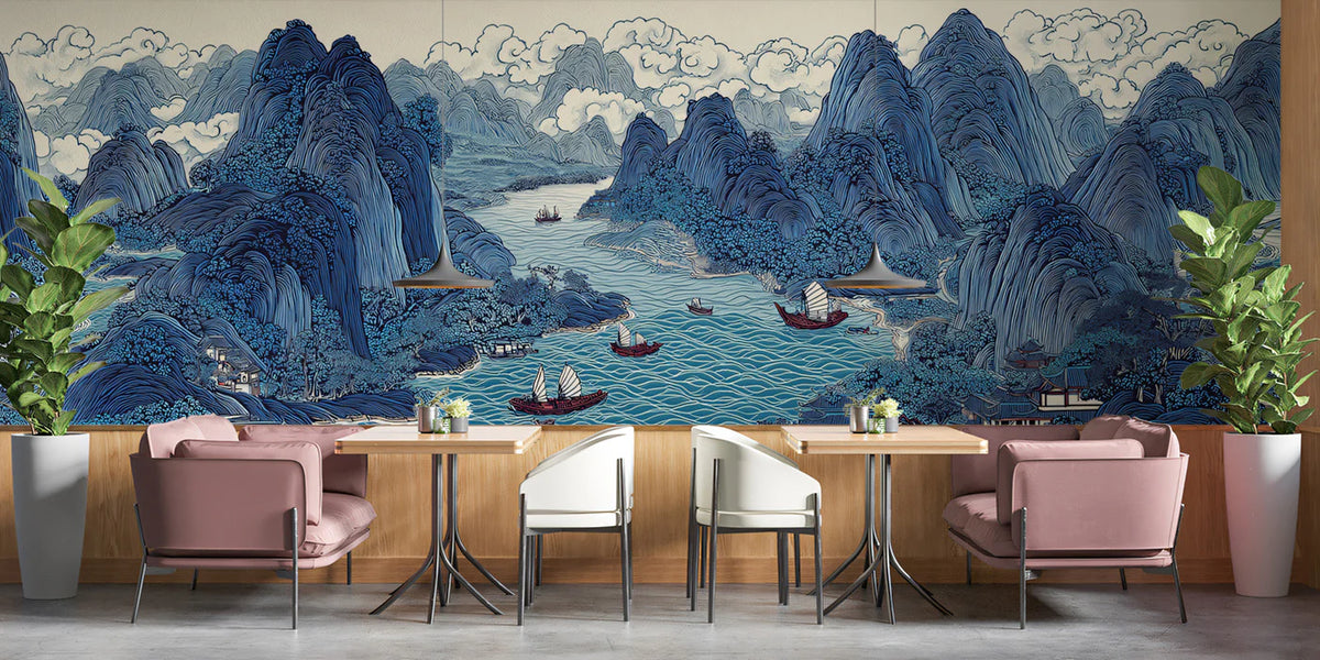 Cobalt Blue Sailboat Chinoiserie Mural Wallpaper — Traditional Art Mural Wallpaper - room preview 02